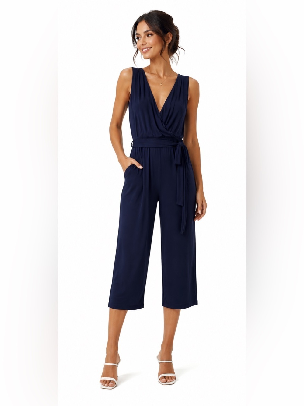 Babaton Navy Wide Leg Wrap Jumpsuit Tie Waist Sleeveless Large